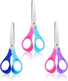 3PCS Kids Scissors Children Blunt Tip Safety Left Handed Scissors with cm-Scale Preschool Plastic Handle Craft Scissors for DIY Handmade Cutting School Home Office Art Scrapbooking Trim Flower Bicolor