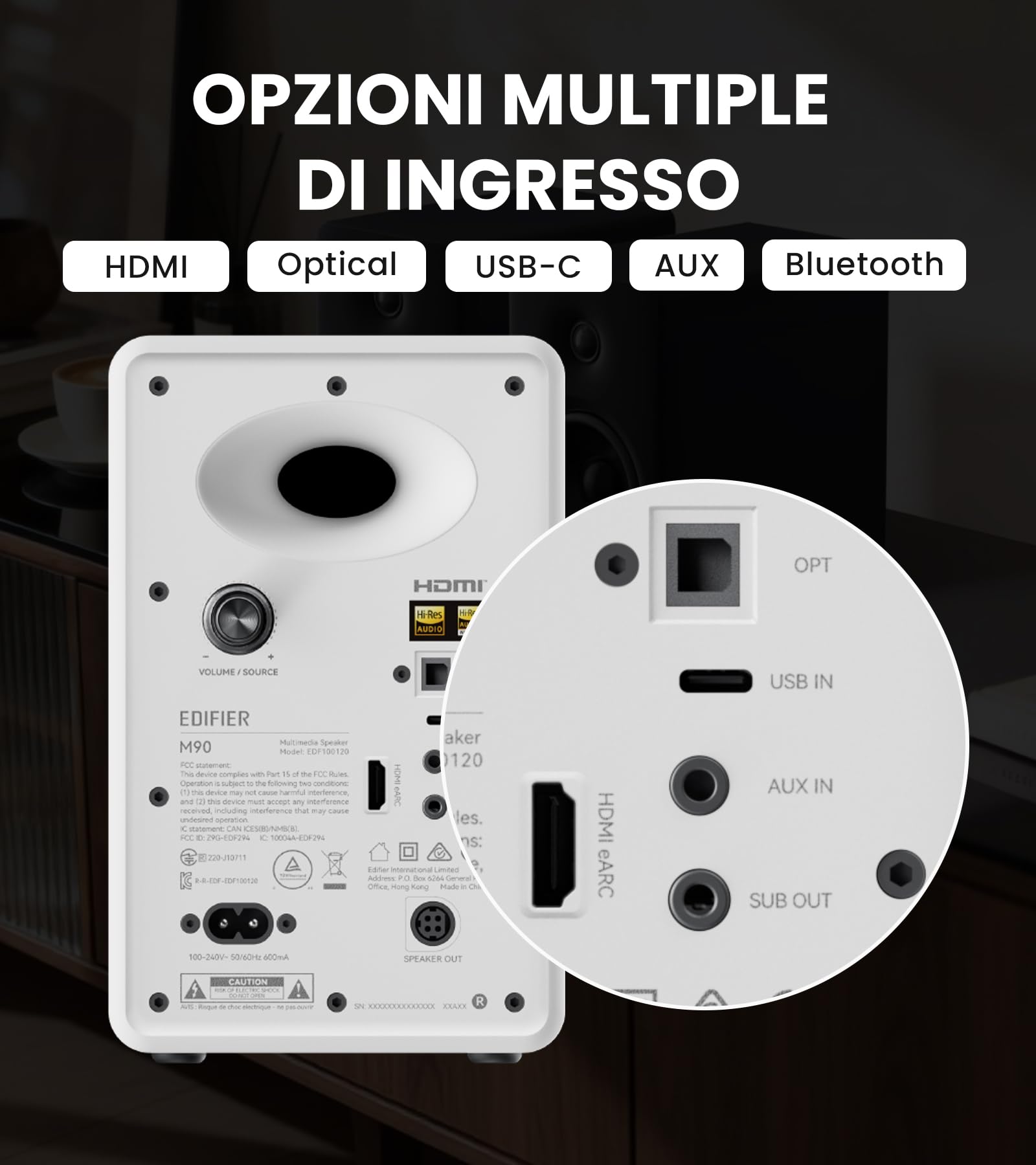 Edifier M90 Diffusori da Scaffale, Scrivania 100 W RMS, Audio Alta Risoluzione, LDAC, Bluetooth 6.0, Ingressi HDMI eARC/ottico/USB-C/AUX con Uscita SUB OUT, Telecomando per TV/PC, Bianco