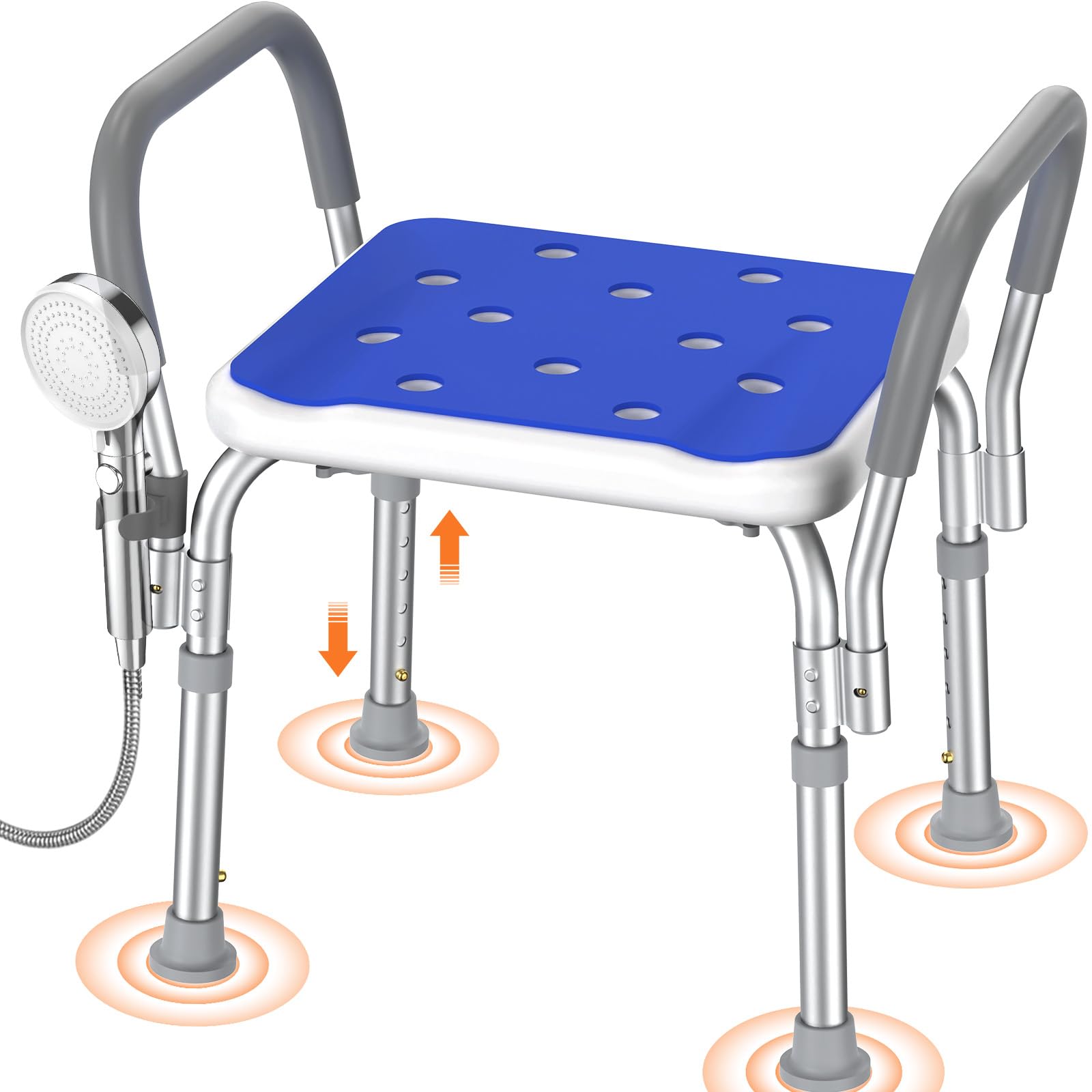 Luckfaith LC12 Shower Chair for Elderly with Arms, Non-Slip Bath Chair Supports 348 lbs, 6-Level Adjustable Height 16"-21", Lightweight Shower Stool for Seniors & Disabled, Safe for Shower or Tub