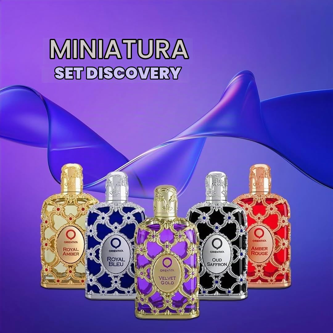 Orientica Luxury Collection Miniature Discovery Set – 5 x 7,5 ml Eau de Parfum | Set regalo di profumi unisex ambra e vaniglia | Sampler di fragranze Oud da viaggio per uomo e donna