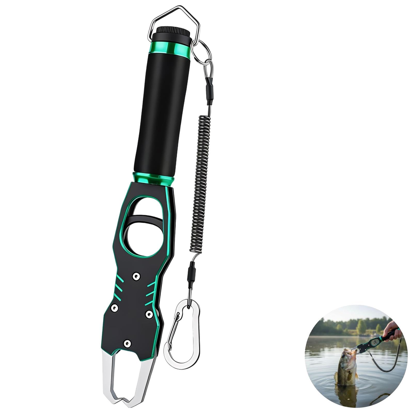 Fischlippenzange mit Skala, Aluminium-Fischgreifer mit 360° Drehgriff und rutschfestem Griff, sofortiges Wiegen bis 39,7 lbs/18 kg, 11 in/28 cm Fischzange mit Lanyard und Karabiner