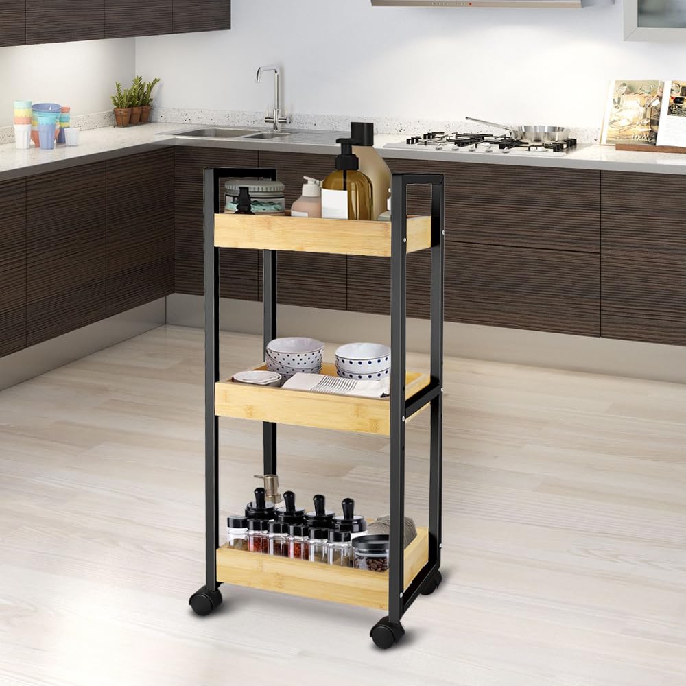 Huole - Carro de almacenamiento con ruedas de bambú con estante de 3 bandejas, carrito de almacenamiento de 3 niveles, estante de almacenamiento con ruedas para cuarto de baño, cocina de bambú, 20 x
