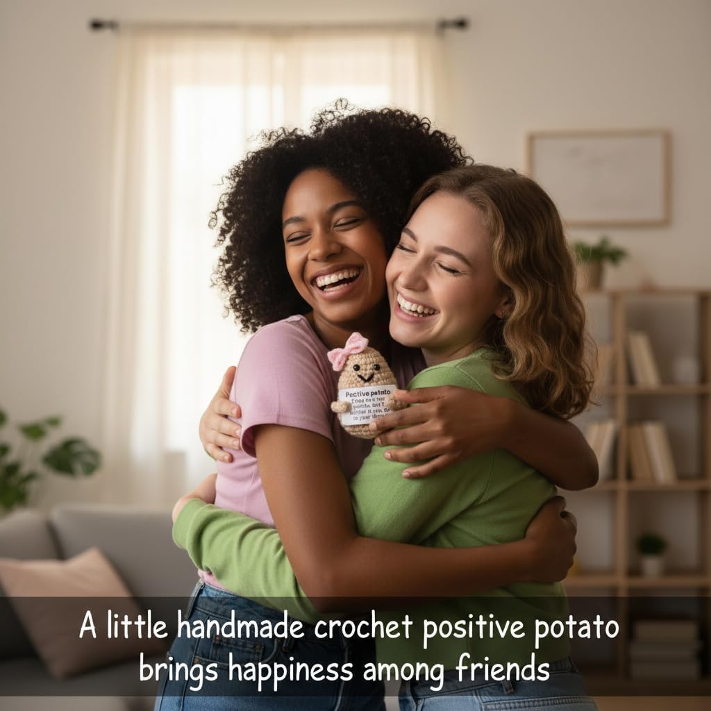 Mini Positive Cute Funny Life Potato Knitted Holding Card Creative Cute Crochet Decpr Cheer Up Valentine Gifts for Lovers, Emotional Support Gift for Friends, Family, Collegues,Co-Workers