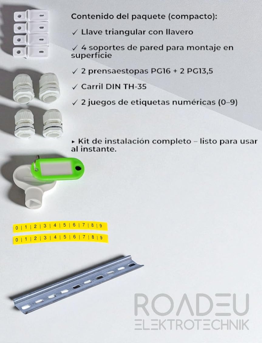 RoadEu – Caja de distribución mural IP65 400x500x245mm – Armario eléctrico estanco con cierre, prensaestopas, guía DIN y placa metálica – Para instalaciones técnicas y exteriores