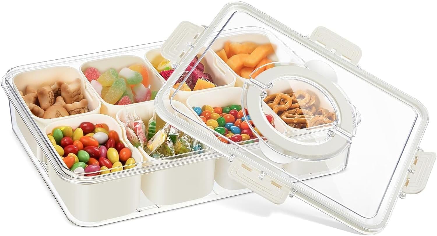Divided Serving Tray with Lid, 8-Compartment Snack Container Box with Handle, Portable Charcuterie Board for Travel, Perfect for Fruits, Nuts, Candy and Party Snacks