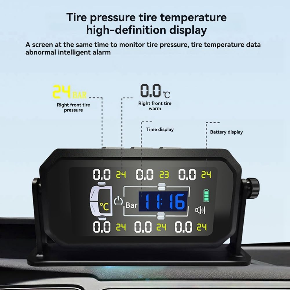 Osmond de Monitoreo de Presión de Neumáticos TPMS para Automóvil, RV, Camión, Sensor Solar de 6 Ruedas, Reloj de Temperatura, Pantalla de Presión de AIRE, Alarma B