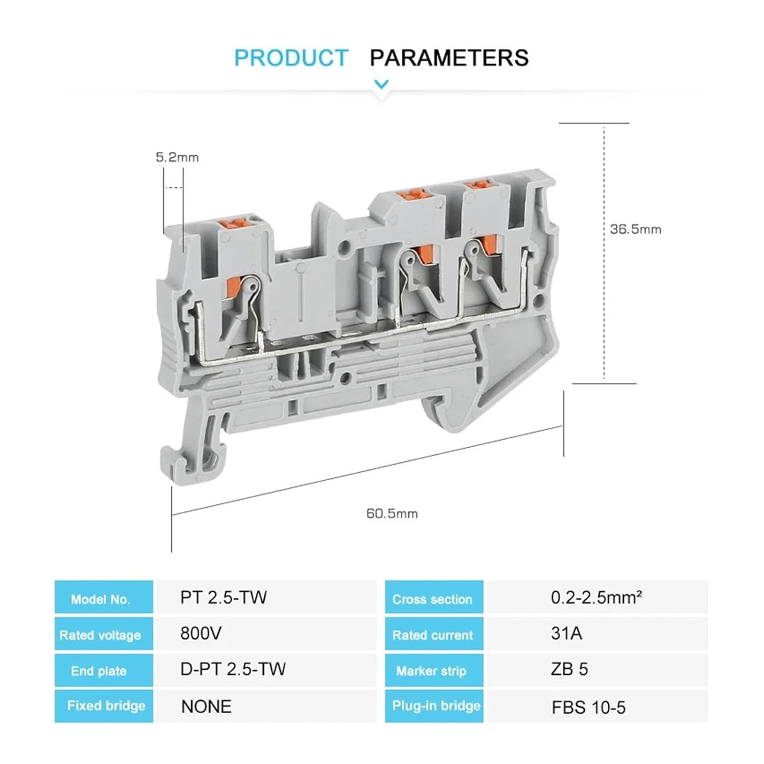 10 Pack PT2.5-TW PT 2.5-TW Push-in Dual 3-Pin Feedthrough Strip Wire Connector DIN Rail Terminal Blocks PT 2.5 TW(ZB5 Blank)