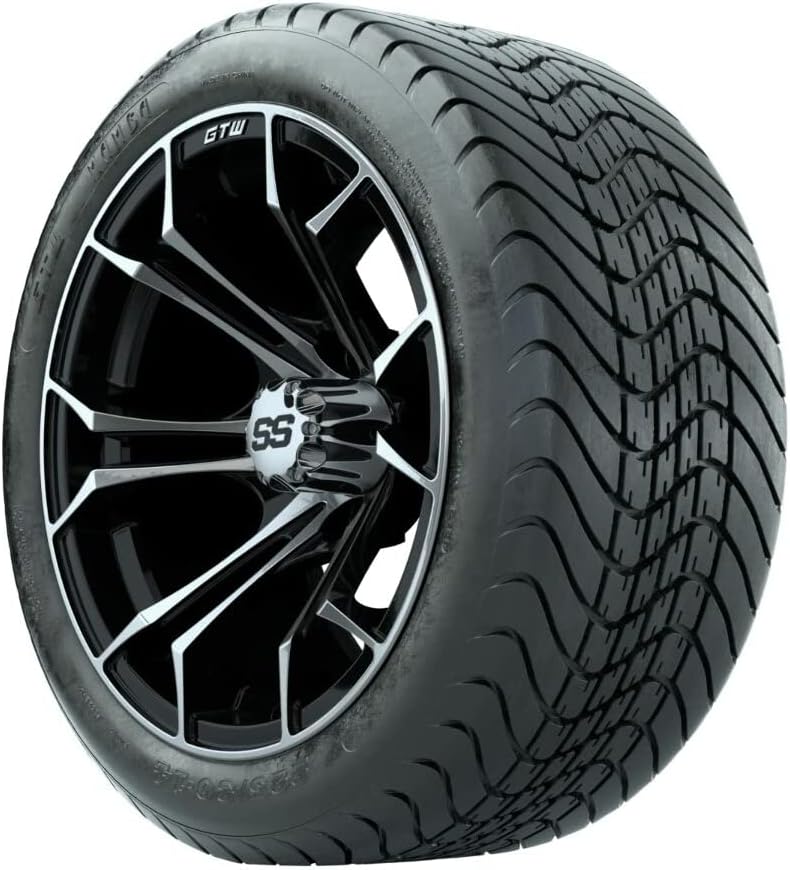 GTW 14 Inch Golf Cart Wheels and Tires Combo | Spyder Machined/Black Wheels on 225/30-14 (19") Mamba Street Tires | Set of 4