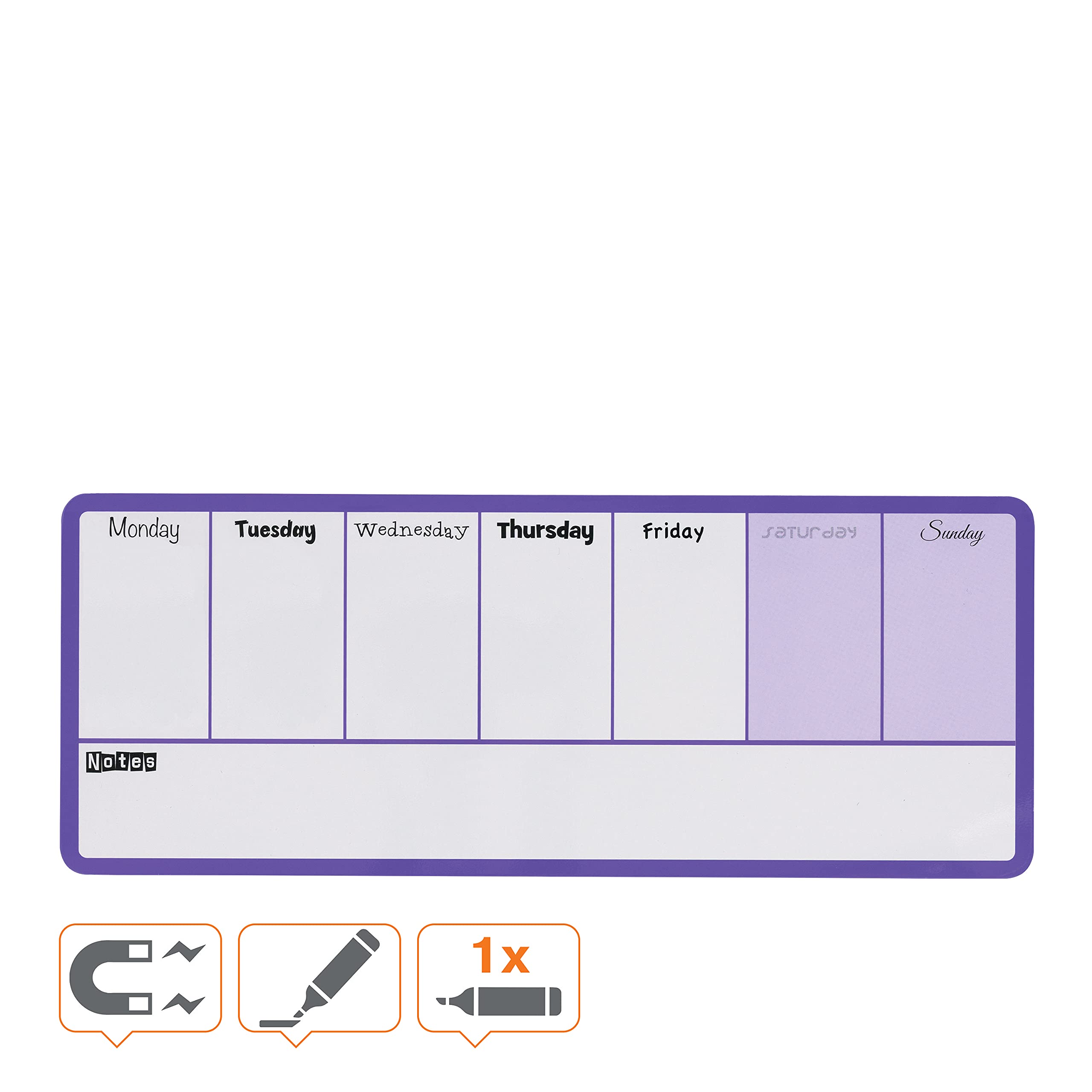 Rexel Weekly Organiser Dry Wipe Personal Whiteboard, Magnetic, 360 x 140 mm, Purple Plastic Frame, Includes Marker and Fitting Kit, White, 1904048