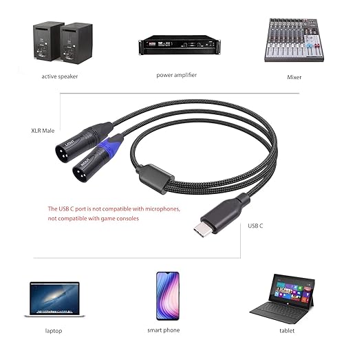 Miniatura 2 de Cable de audio USB C a doble XLR macho, cable de audio USB C a 2 XLR macho de 6 pies, cable USB tipo C a 2 XLR macho, conexión USB, altavoz activo,
