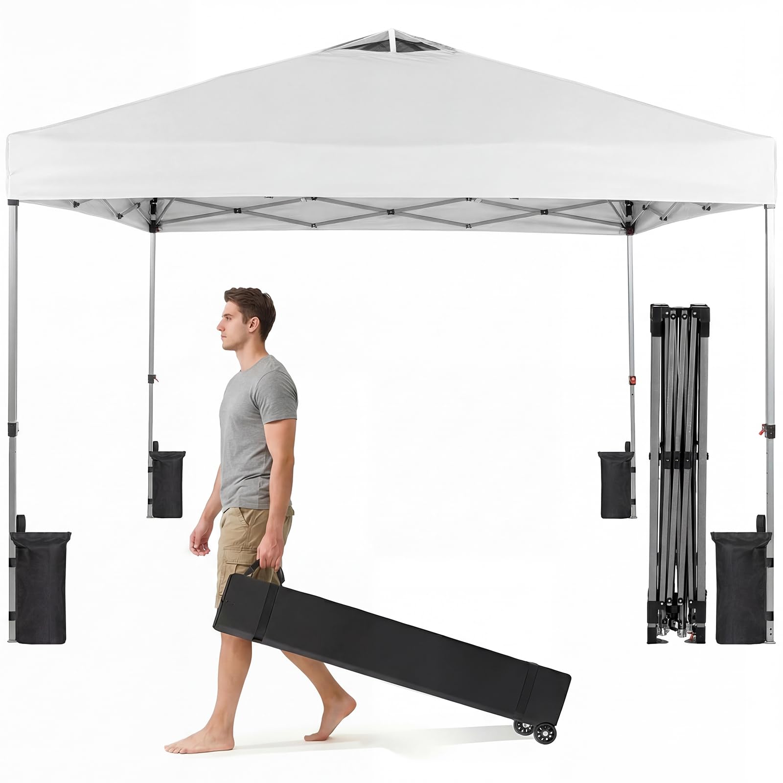 OLIXIS 10x10ft 1-Person Pop Up Canopy Tent, Heavy Duty One Push Setup Portable Outdoor Shelter for Beach Events Camping with Rolling Carry Bag, Snow