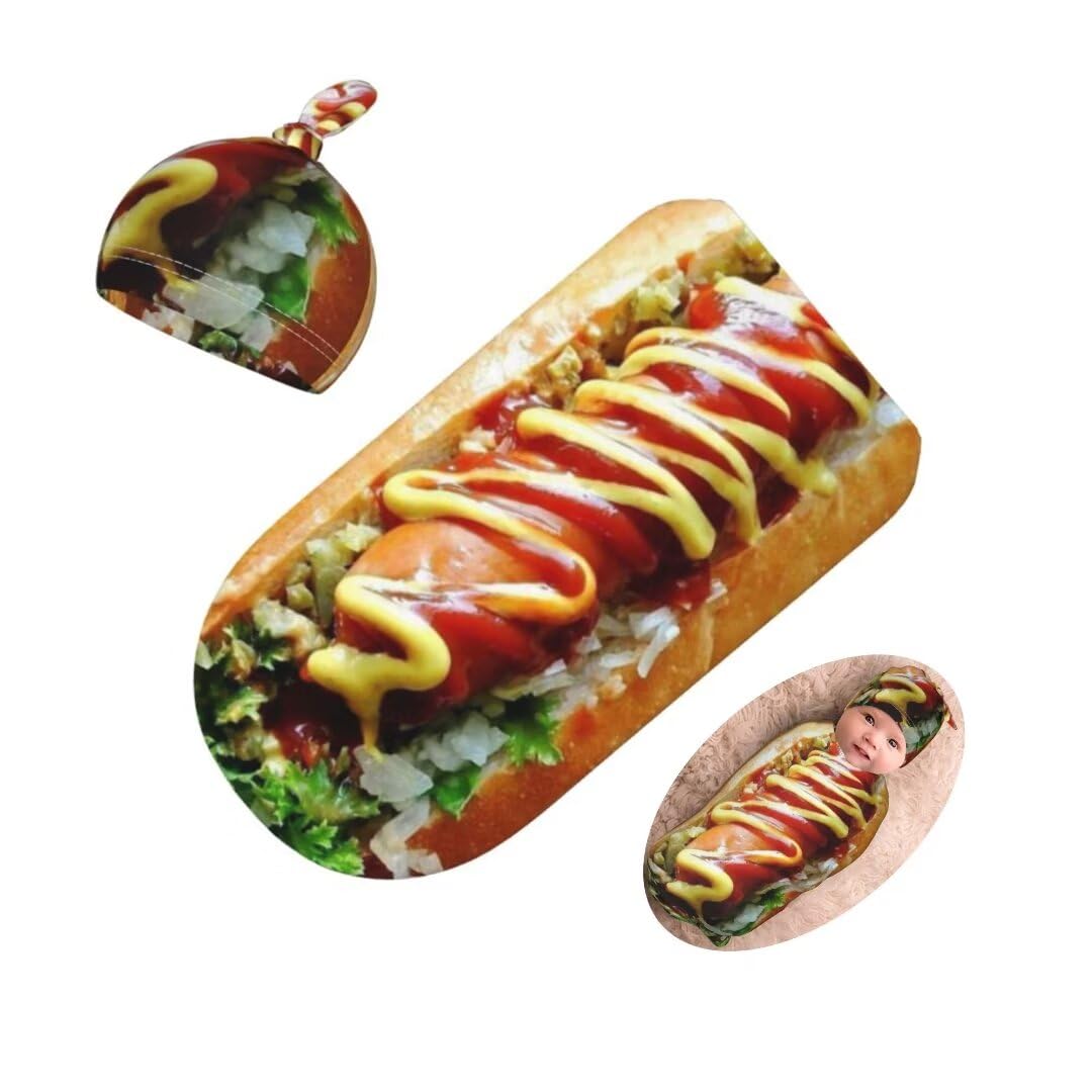 Funny Food Newborn Swaddling Blanket Beanie Hat Sets Soft Baby Receiving Funny Hot Dog Food Blanket Soft Sleeping Bag New Born Soft Sleep Sacks for Boys Girls