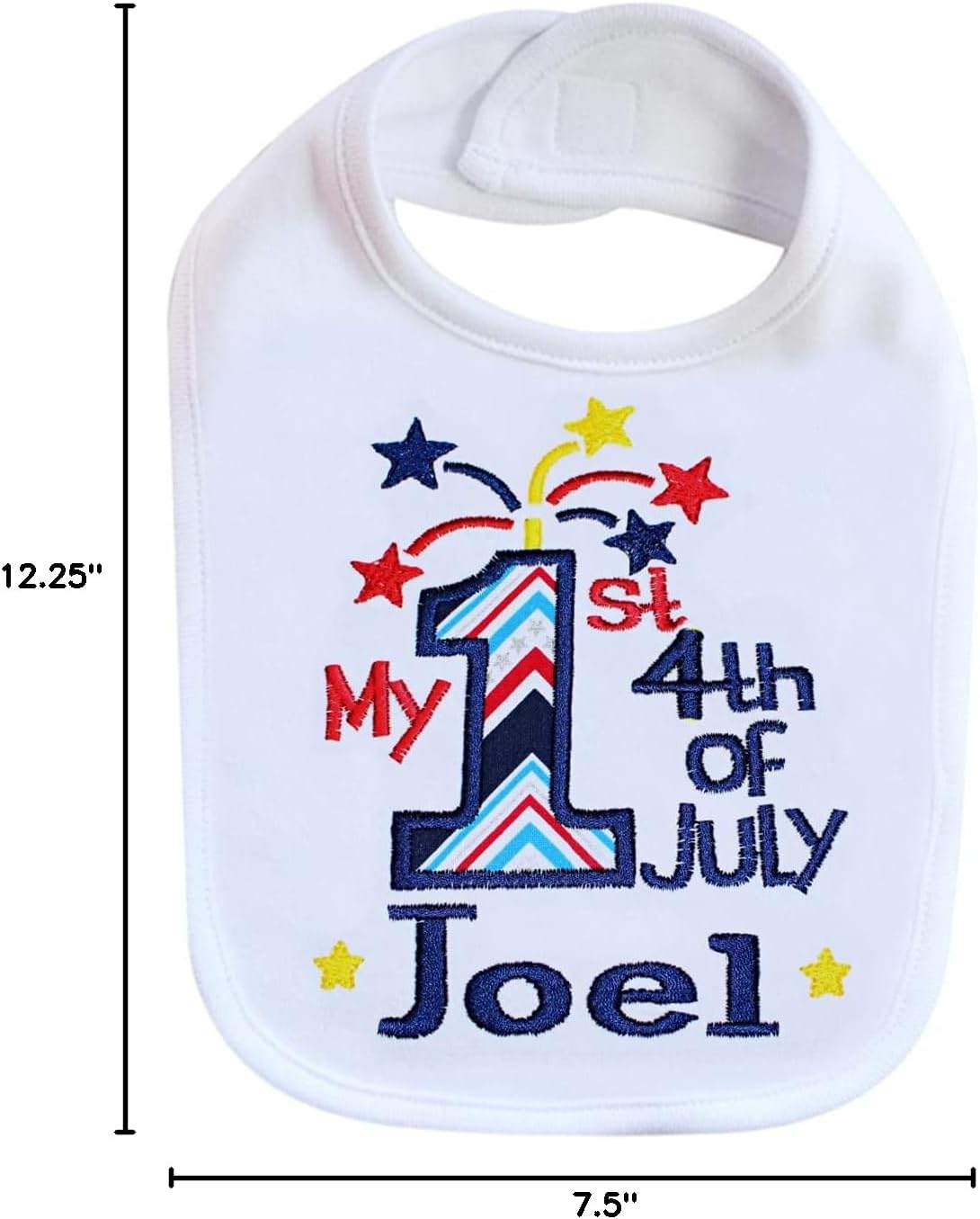 First 4th of July Bib Patriotic Baby Boy Bib Personalized with Name (WHITE/NAVY BLUE)