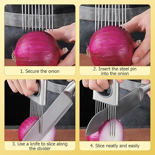 Miniatura 4 de Nuevo soporte para rebanar cebolla, soporte de cebolla de acero inoxidable para cortar verduras cortador de papa y tomate, herramienta asistente de