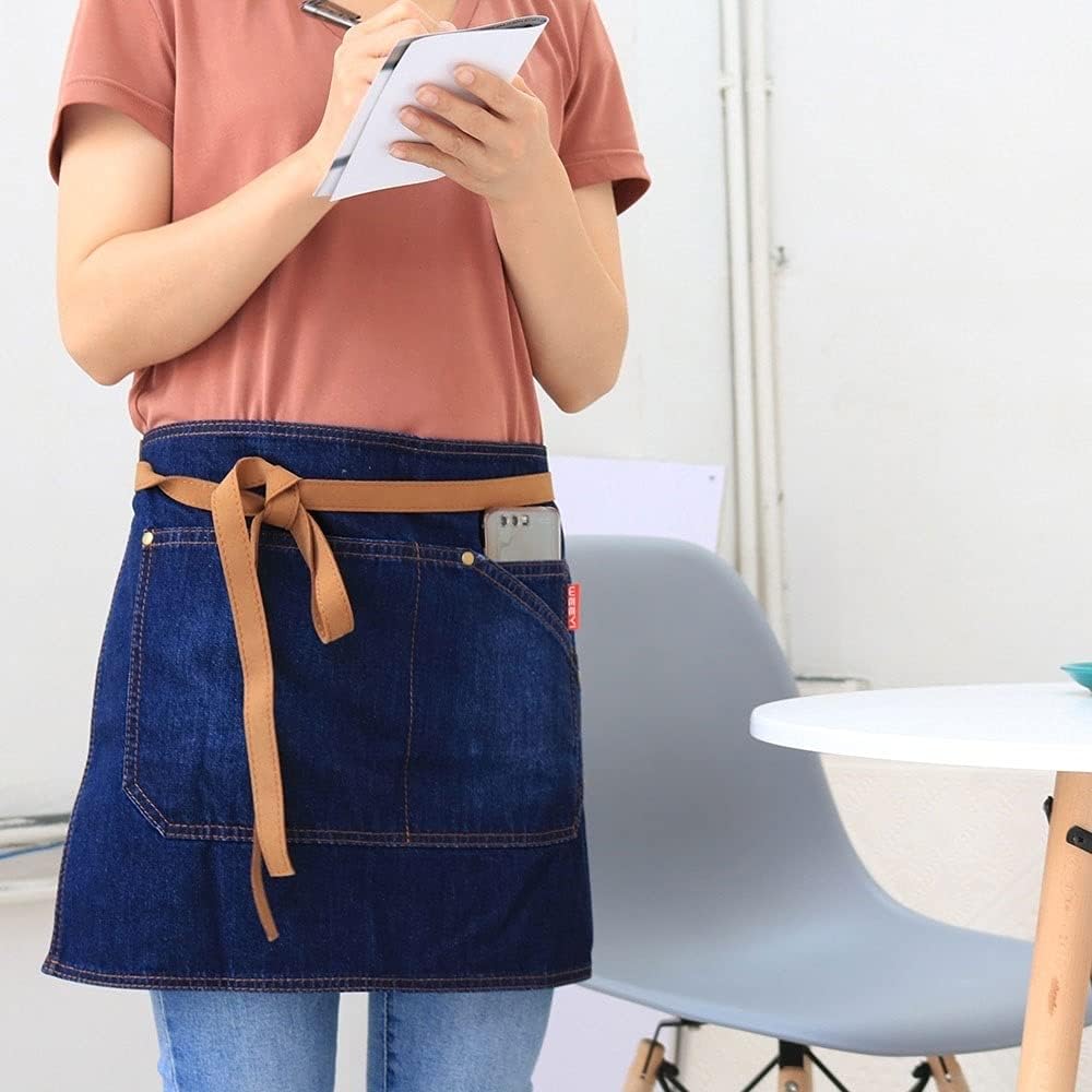 Aprons With Pockets WEEYI Chef Bar Pub Kitchen Denim Bow Short Half Waist Apron Cafe Server Waiter Waitress Cooking Work Apron For Women Men Apron