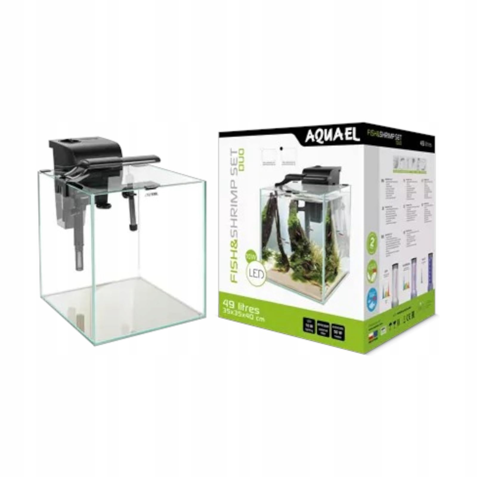Aquael Fish & Shrimp Set Duo 35 2.0 Akwarium 49L Czarne – LED Plant & Night, Filtr Kaskadowy, Grzałka 50W, 35x35x40cm