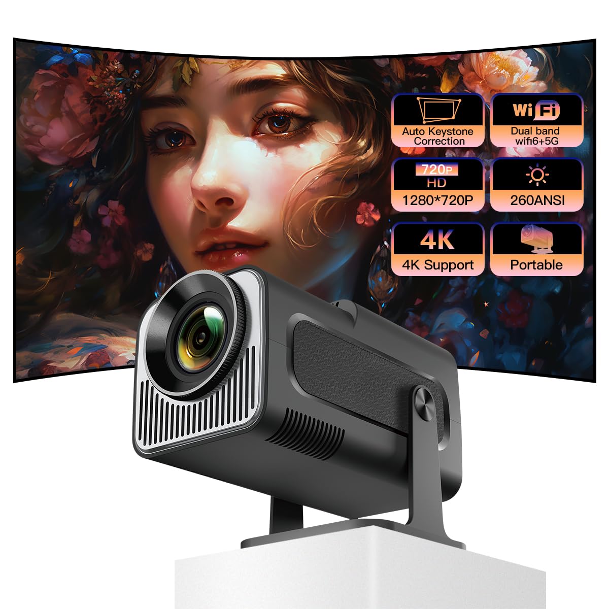 Mini Projector Projector Projector Projector with WIFI and Bluetooth Smart Projector Support 4K 1080P FHD 180° Adjustable Auto Keystone Correction for Movie Home Outdoor, White HY320 mini