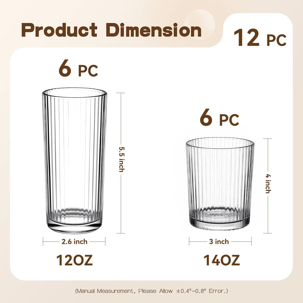 12PCS Ribbed Drinking Glasses - 6 Highball Glasses 8oz， 6 Rocks Glass Cups 11oz， Ribbed Cocktail Glasses, Ideal for Wine, Whiskey, Ice Coffee Cup, Water, Juics, Beer, Mixed Drinkware