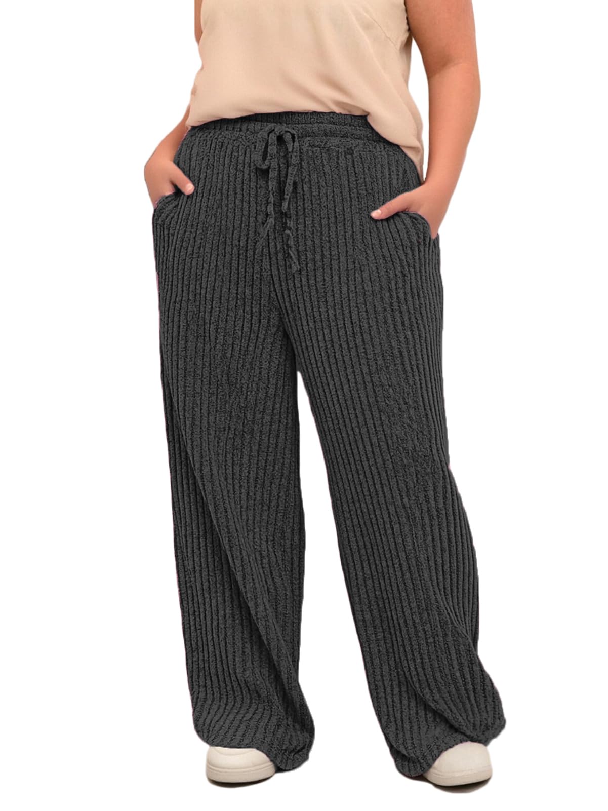 ROSRISS Womens-Plus-Size Wide Leg Pants Elastic High Waisted Casual Ribbed Knit Palazzo Pants Trousers with Pockets 1X-5X