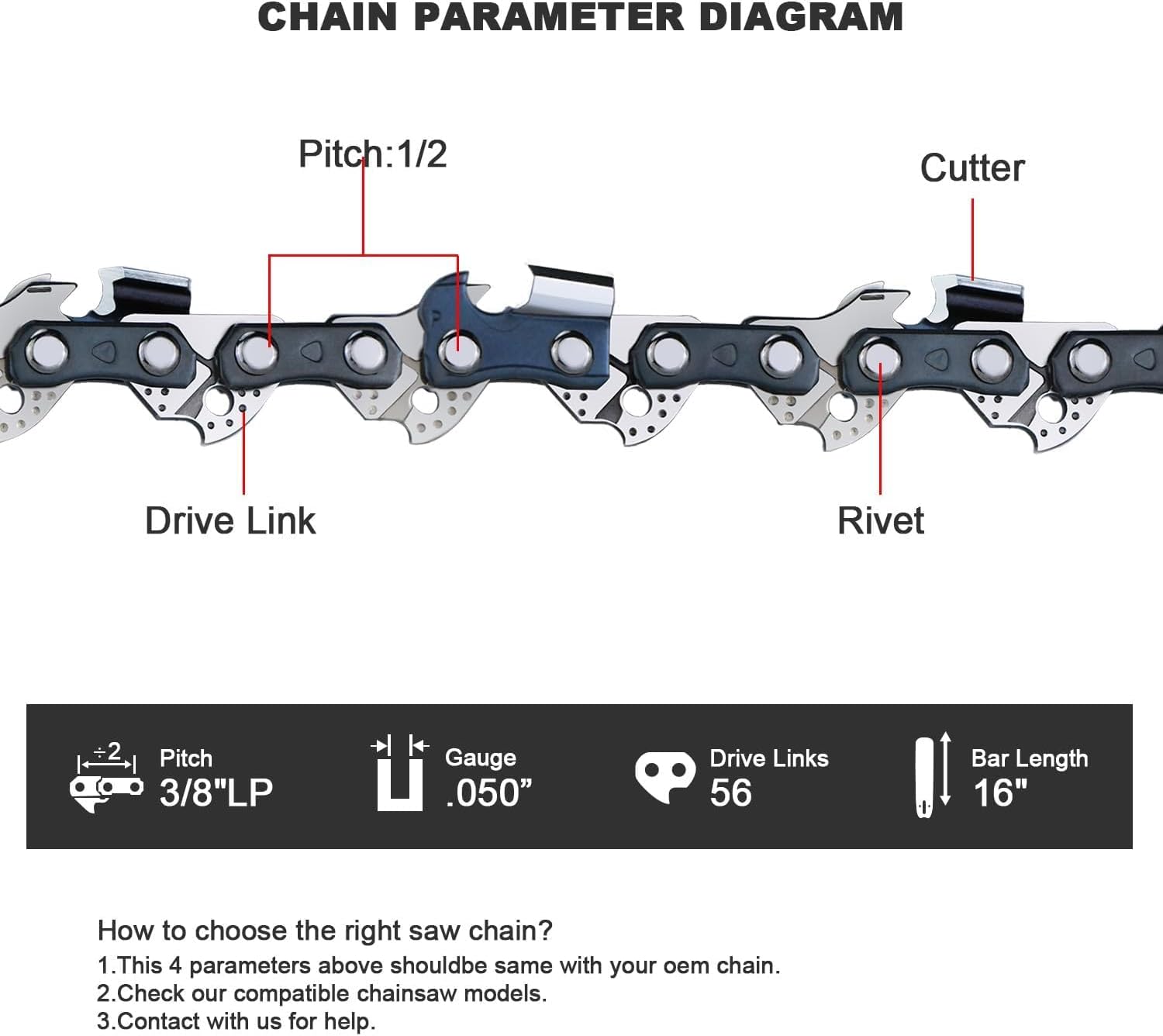3-Pack 16 Inch Chainsaw Chain for Oregon CS1400 Chainsaw, 56 Drive Links 3/8" LP Pitch .050" Gauge 16" Replacement Chain for Craftsman CMECS600 S1600 S165 S160 Chain Saw
