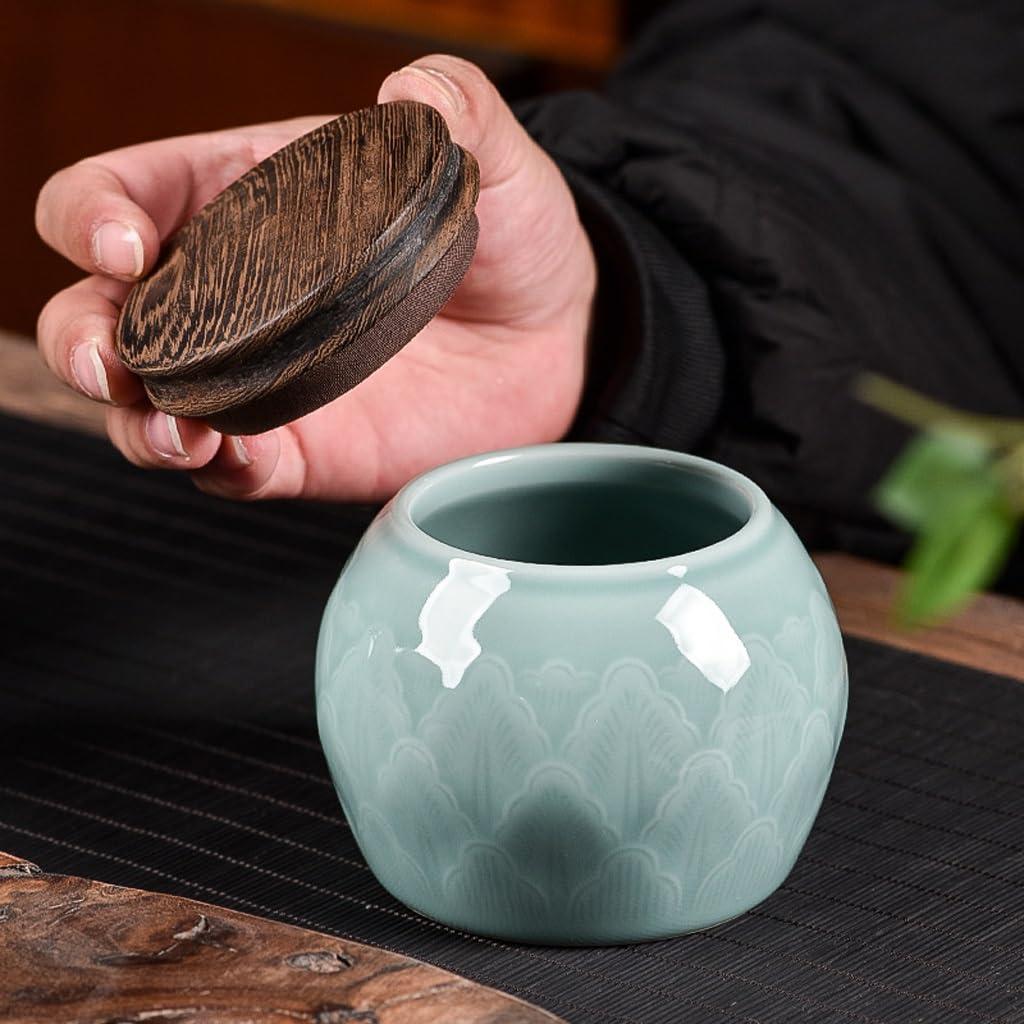 LYGSWDB Zuckerdose, Bananenblatt, Celadon-Teedose, handgefertigter Holzdeckel, versiegelt, Teedose zur Aufbewahrung aus Keramik