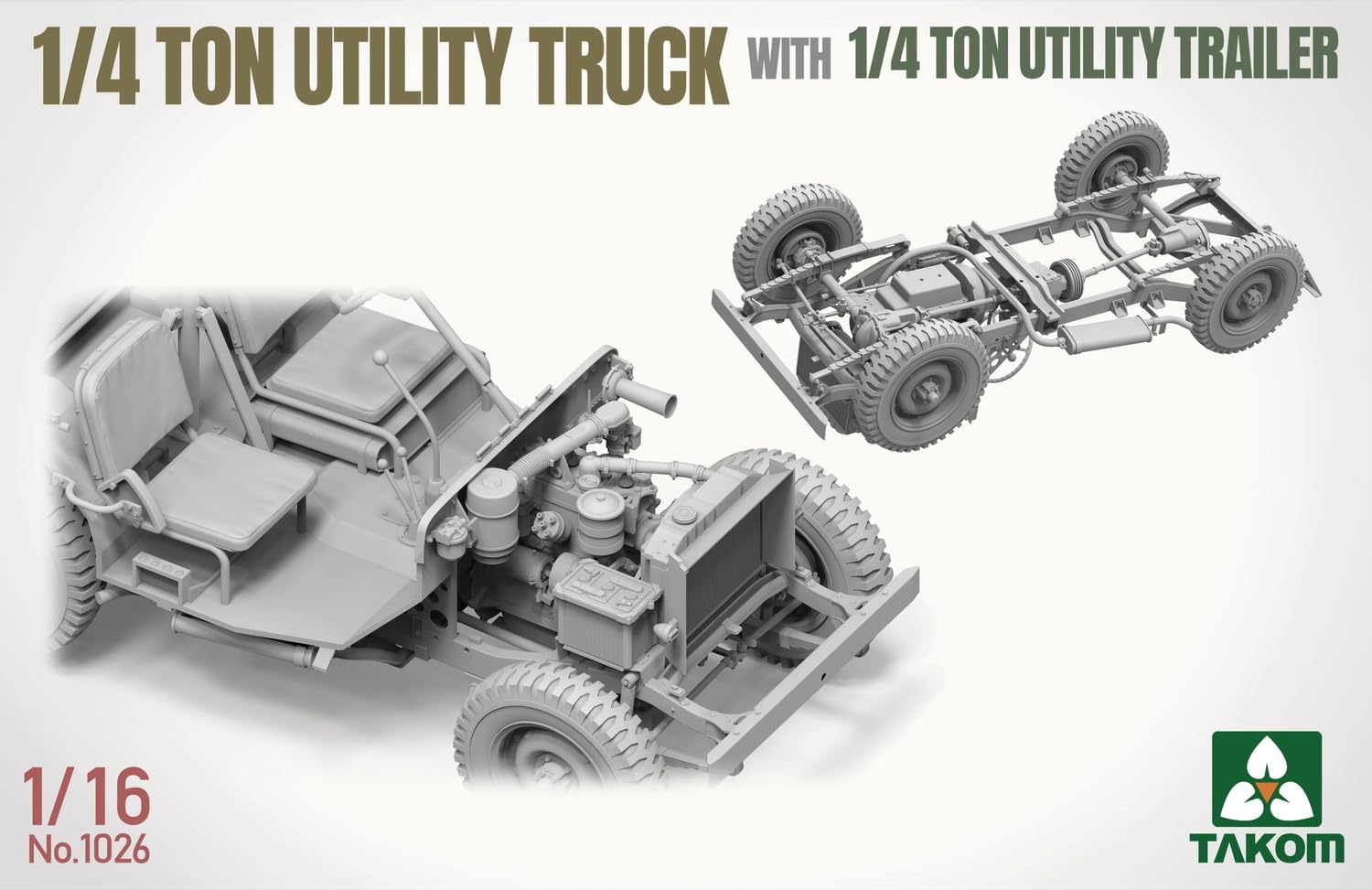 TAKOM TAK1026 1/4 ton Utility Truck z przyczepą - zestaw modelarski 1:16 - amerykański samochód terenowy z figurką kierowcy i częściami PE - niezmontowany