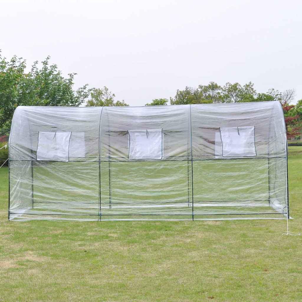 Invernadero grande móvil con marco de acero recubierto de polvo y lámina de PVC transparente resistente a desgarros, 450 x 190 x 200 cm, 6 ventanas con mosquitera, puerta de entrada con
