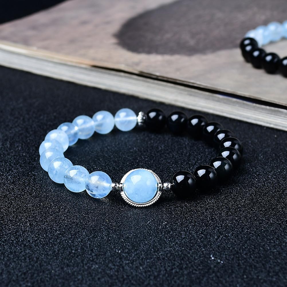 Pulseras de Cuentas de Cristal para Mujeres y Hombres, Pulseras de Aguamarina de obsidiana Negra para meditación, aliviar el estrés, equilibrar Las emociones, Piedras Naturales,A