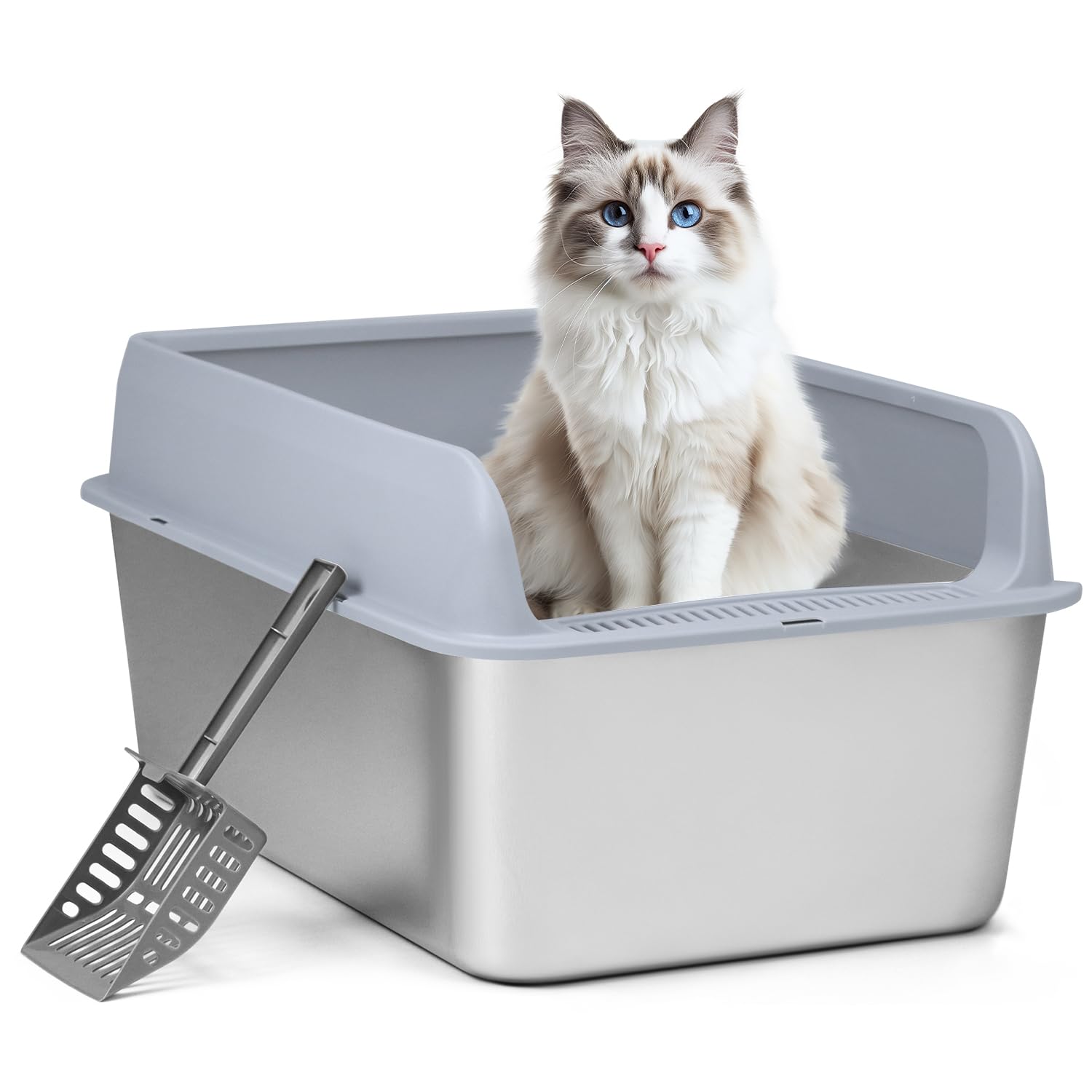 QWORK® High-Sided Stainless Steel Cat Litter Box - 24" L X 16" W X 12" H – 201 Stainless Steel - Rustproof, Odorless, Easy to Clean