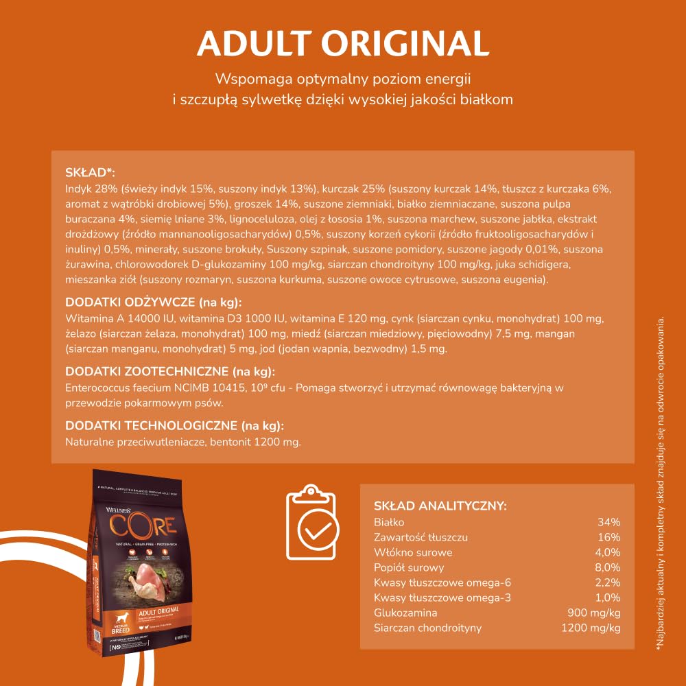 Wellness CORE Original 10 kg, Kurczak – Sucha Karma dla Psów Dużych Ras, Bezzbożowa, Naturalna, Hipoalergiczna, Bogata w Białko, o Wysoka Zawartość Mięsa, Wspiera Optymalną Energię i Szczupłą Sylwetkę