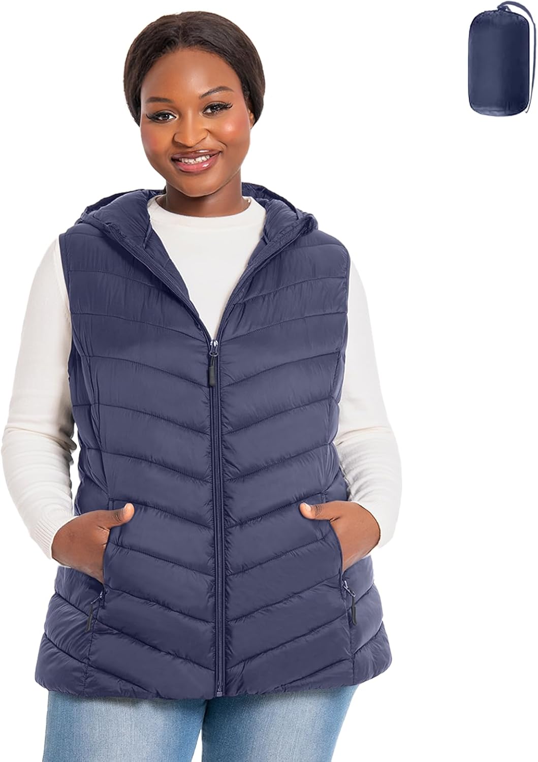 Womens Plus Size Packable Puffer Vest 1X-6X Women's Hooded Lightweight Quilted Puffy Vest