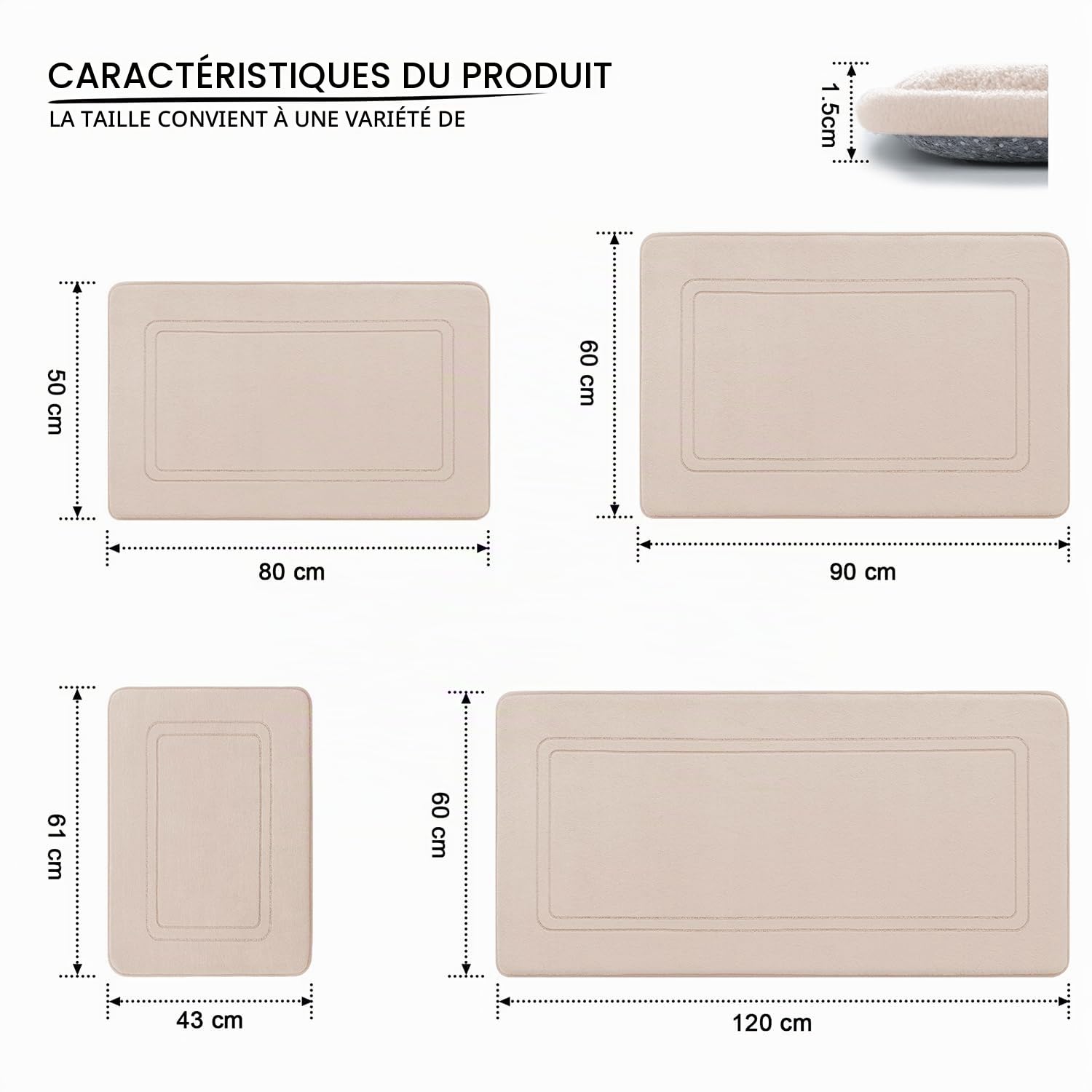 chakme Tapis de Bain en Mousse à mémoire de Forme - Tapis Salle de Bain Absorbant - Tapis de Bain Antidérapant - pour Salle de Bain et Salon - 43 x 61 cm - Beige