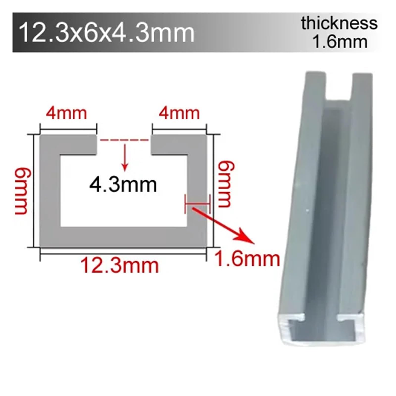 Rura aluminiowa, szczelina C, aluminiowa, szeroka, 8-20 mm, liniowe wytłaczanie, szyna prowadząca, slot na karty, odporna na zużycie (12,3 x 6 x 4,3 mm, 50 cm x 1 szt.)