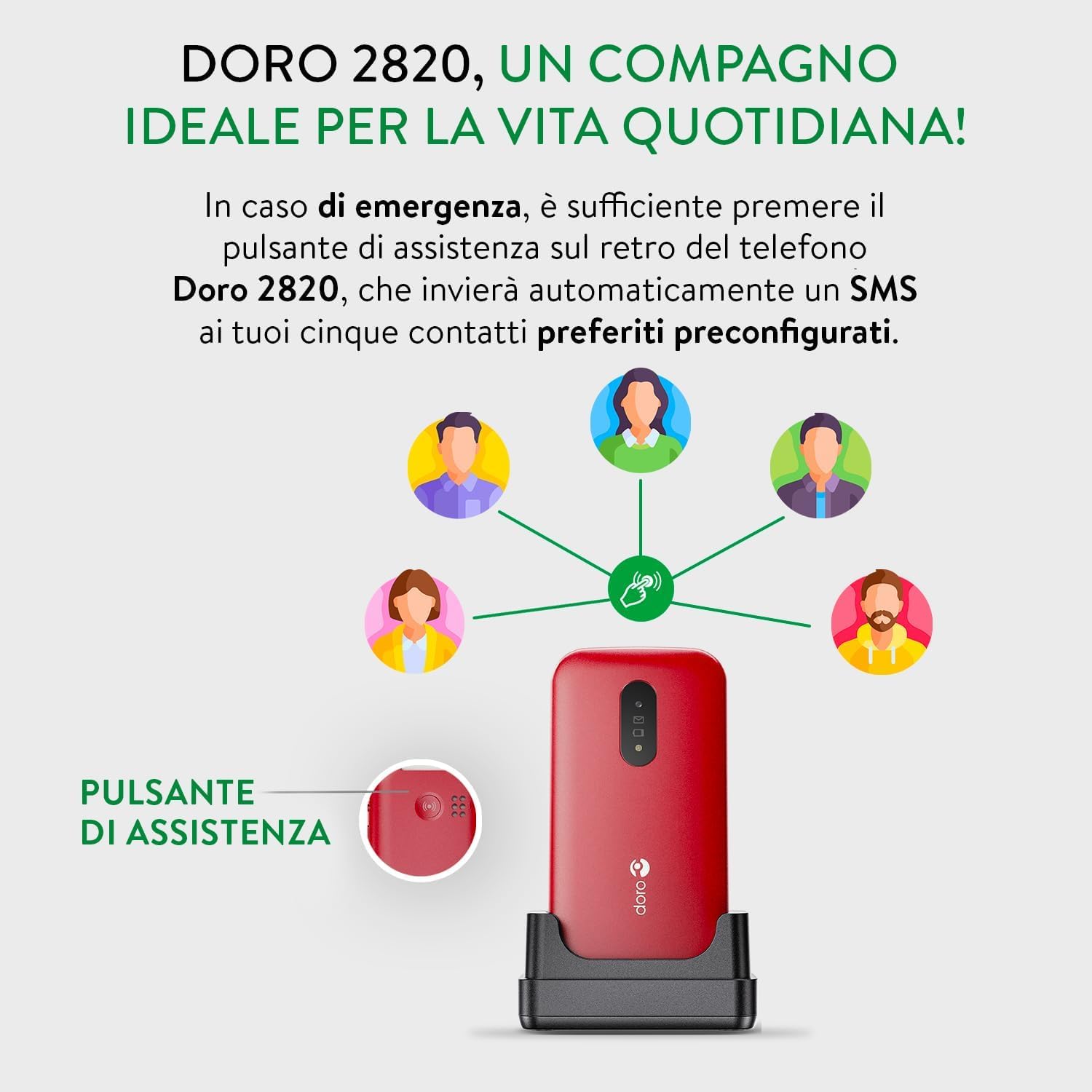 DORO - Doro 2820 - Cellulare Per Anziani - Cellulare a Conchiglia 4G sbloccato - Tasti Grandi a Risposta Vocale - Fotocamera - Bluetooth - Tasto Di Assistenza - Base Per Ricarica Inclusa - Blu/Bianco