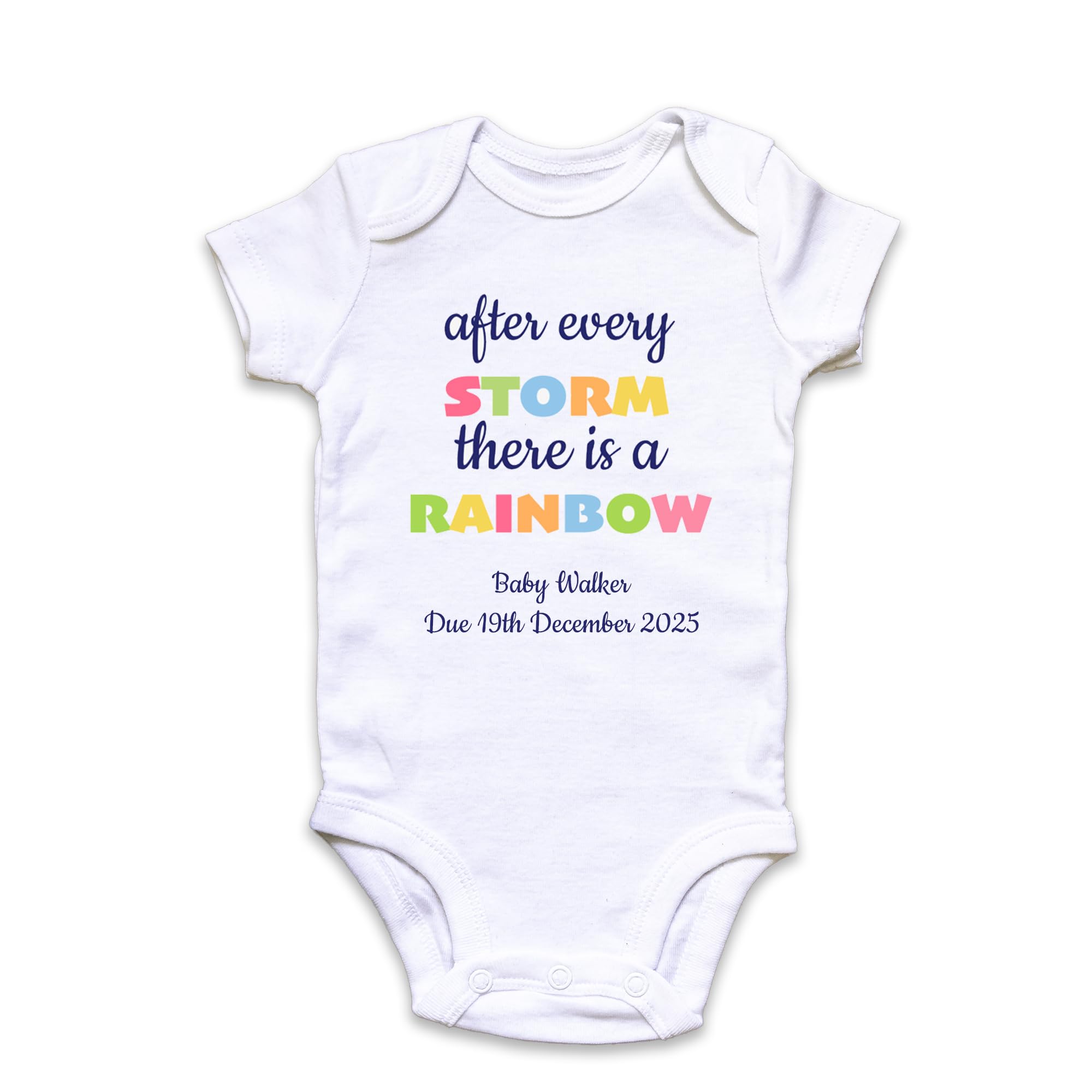 Fuzzy Cactus Personalised After Every Storm There is a Rainbow Baby Grow Vest Baby Announcement Add any Surname and Due Date Pregnancy Announcement (White, Newborn)