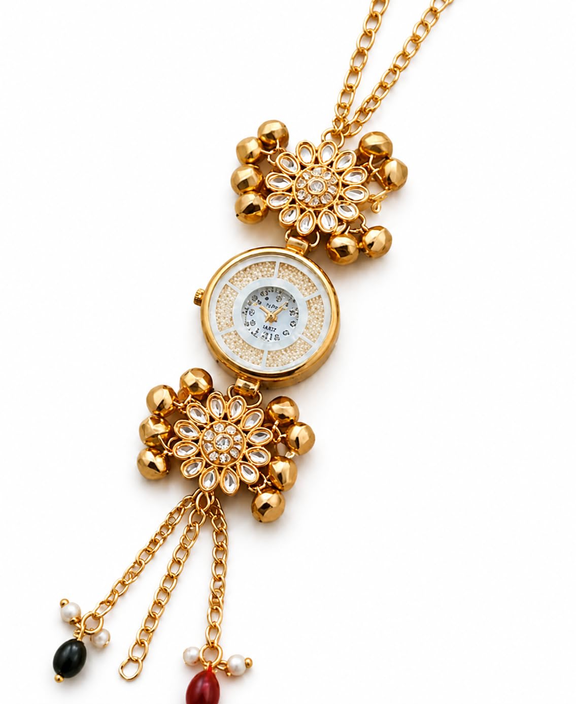 Kashmiri Watch for Women, Gold-Tone Floral Bracelet Watch with Kundan Embellishments and Dangling Beads-picture-31