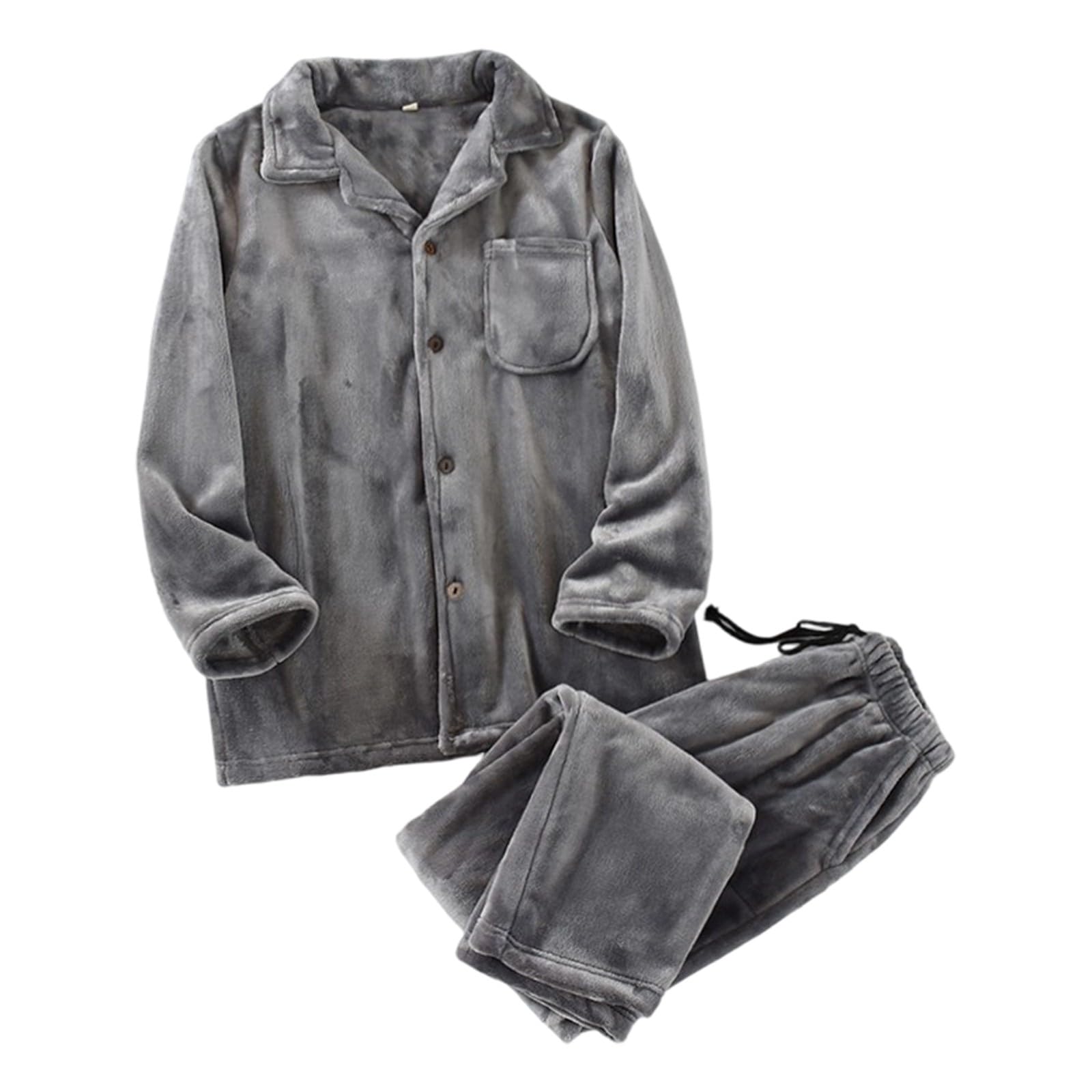 Pijama de franela para hombre, de forro polar, peso pesado, 2 piezas, juego de pijama + pantalones de pijama largos con botones y cuello de solapa, ropa de dormir