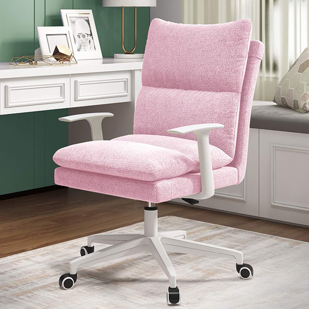 Chaise de bureau pivotante rose en lin réglable hauteur fauteuil d'ordinateur LWX