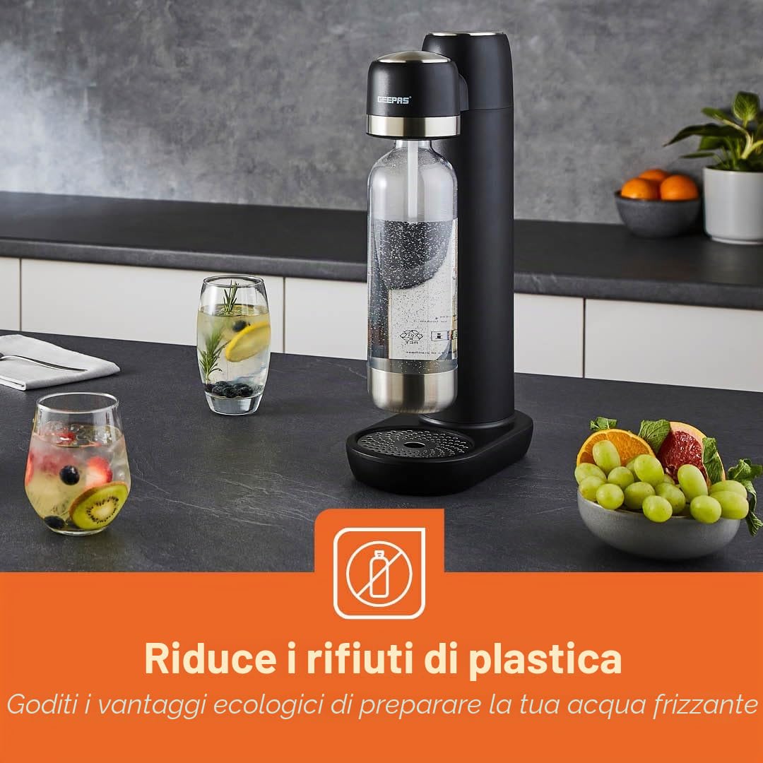 GEEPAS Macchina per acqua frizzante con bottiglia da 900 ml, macchina per soda, macchina per bevande gassate, gasatore domestico, bombola di gas CO2 a connessione rapida (non inclusa) | nero