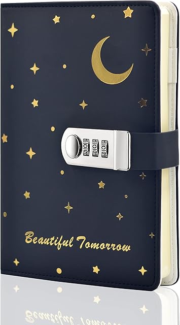 Lirener PU Leather Diary with Combination Lock(Moon and Star Pattern), A5 Secret Password Notebook Journal Digital Locking Diary Notepad Handbook Sketchbook Daily Planner Agenda, 150x220mm