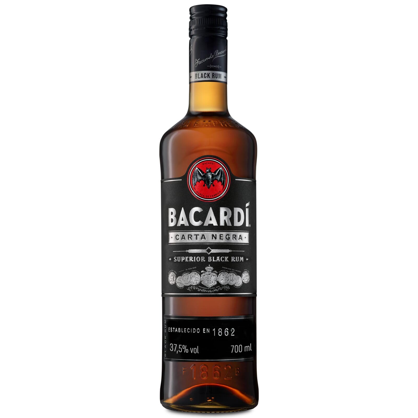 BACARDÍ Carta Negra Superior Black Rum, 37,5% Vol., 70 cl/700 ml, legendärer dunkler Karibik-Rum, für tropische Cocktails