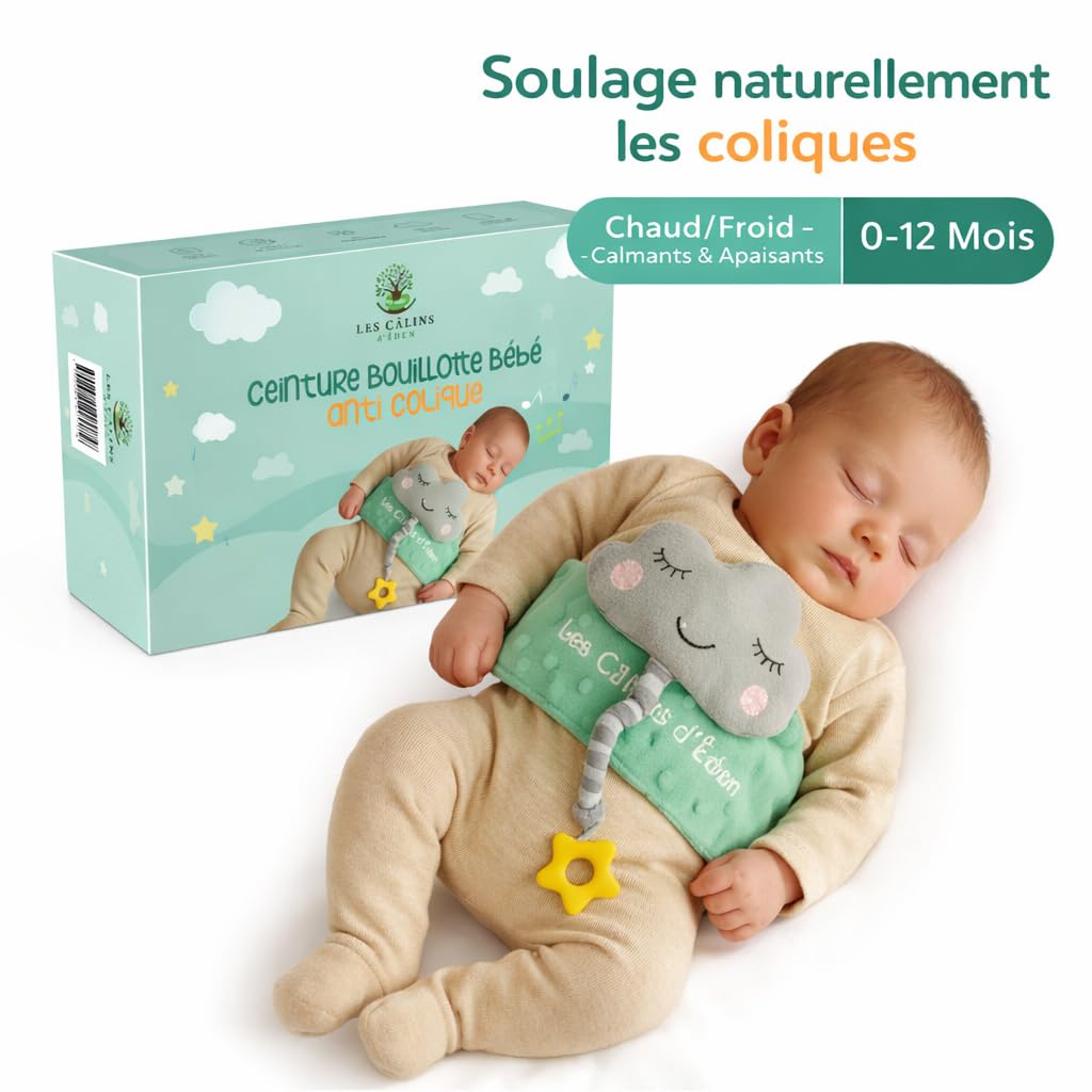 Ceinture bouillotte bébé anti-coliques – poche gel chaud/froid, doudou musical amovible, anneau de dentition silicone étoile, housse satin – soulage coliques & ballonnements – Certifiée CE