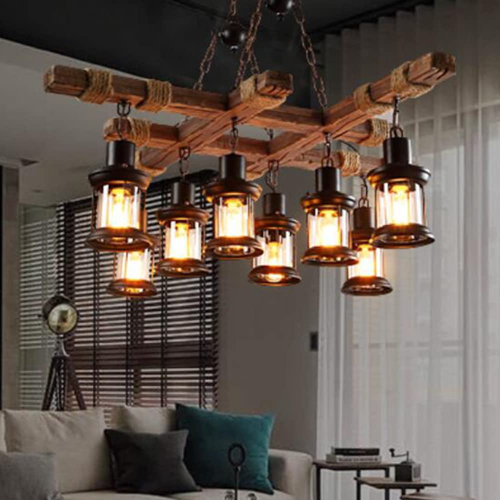 E27 Industrial Vintage Wood Sufit Lampa Wisząca, Regulowana Wysokość Lampa Wisząca, Szklany klosz, Metalowa lampa wisząca do salonu, jadalni, kuchni