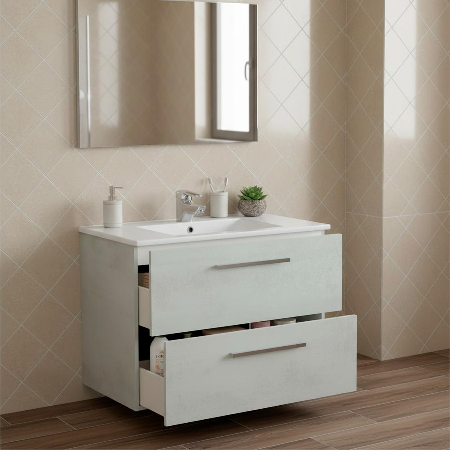 Bricozone Mobile Bagno Sospeso 80 Cm Con Lavabo In Ceramica E Specchio Grigio Cemento 2 Cassetti Soft Close Design Moderno Salvaspazio Per Bagno Contemporaneo (Mobile Lavabo e Specchio)