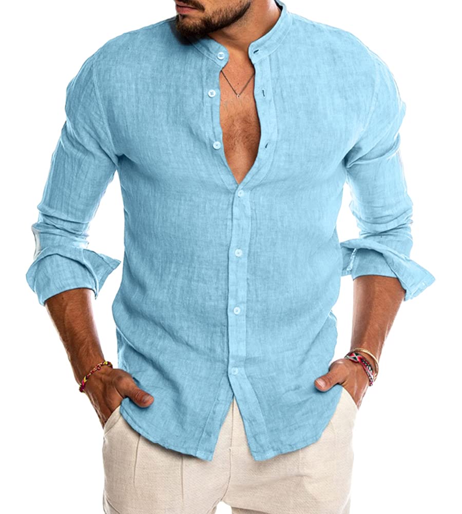 Tomwell Camisa para Hombre Manga Larga Slim Fit Camisa Lino Playa Casual para Hombre Respirable con Botones T-Shirt Verano Informal Camisa Ocio Blusa Retro Henley Camisas