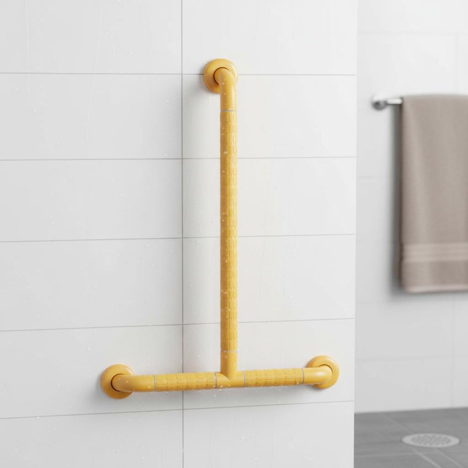 Harilla Barra di per Bagno Maniglia di Appoggio Corrimano Antiscivolo a Parete con in Acciaio Inox Struttura Triangolare Portata 120kg Adatta Mobilità Ridotta Box Doccia Wc, Giallo