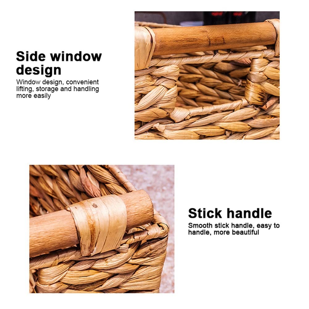 3X Cesta de Mimbre Rectangular con Asas de Madera para Estantes, Cesta de Almacenamiento de Jacinto de Agua, Cestas Naturales para Organizar B