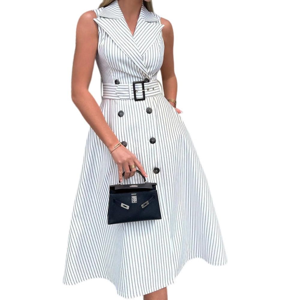 Generic Womens Striped Midi Dress with Belt Belted Fit for Work Weddings Cocktail Parties