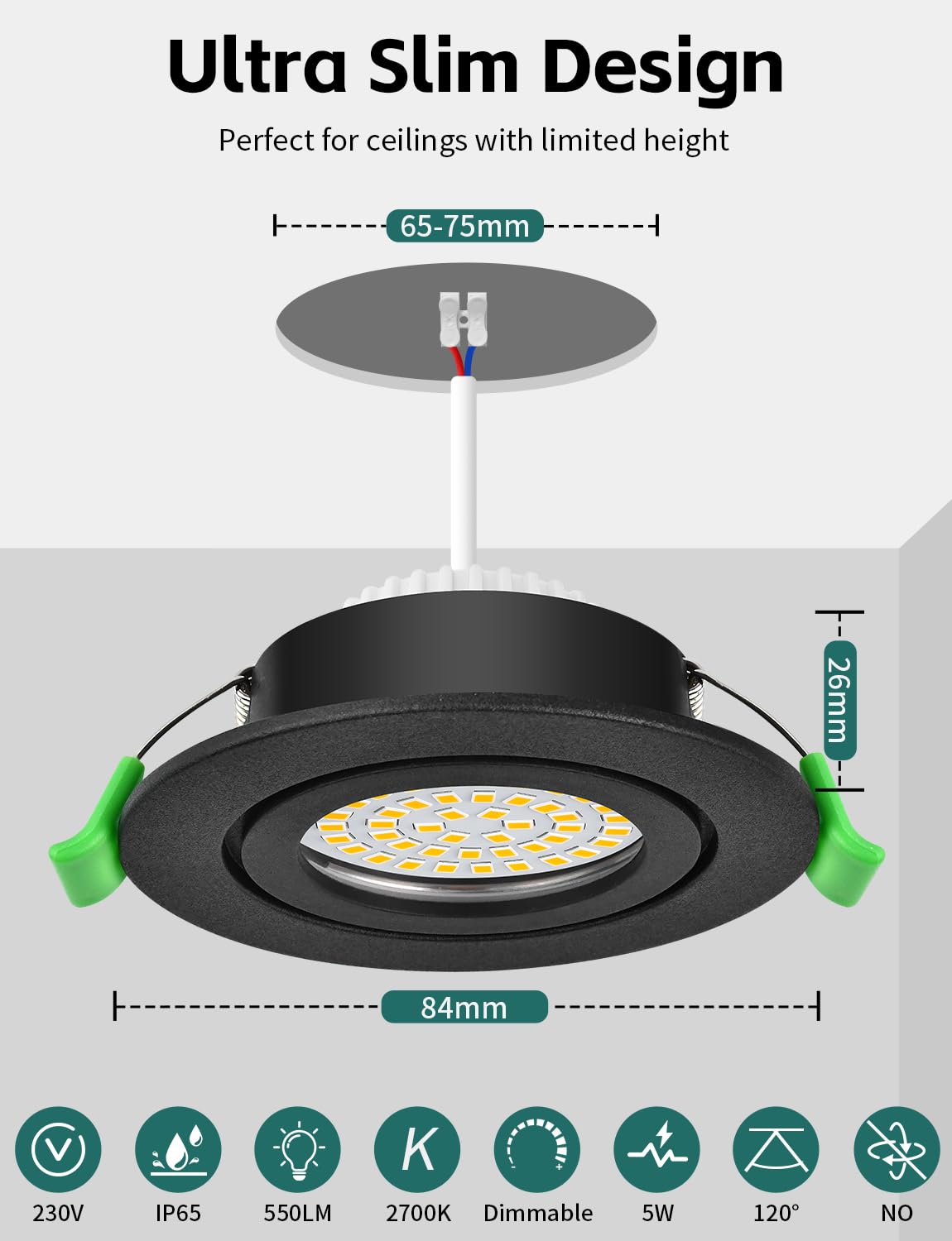 KYOTECH LED Einbaustrahler 230V Dimmbar 26mm Ultra Flach Einbauleuchten IP65 5W 550LM 2700K Warmweiß Einbauspots Nicht Drehbar, Deckenspots für Badezimmer Küche Wohnzimmer Flur Schwarz 10er Set
