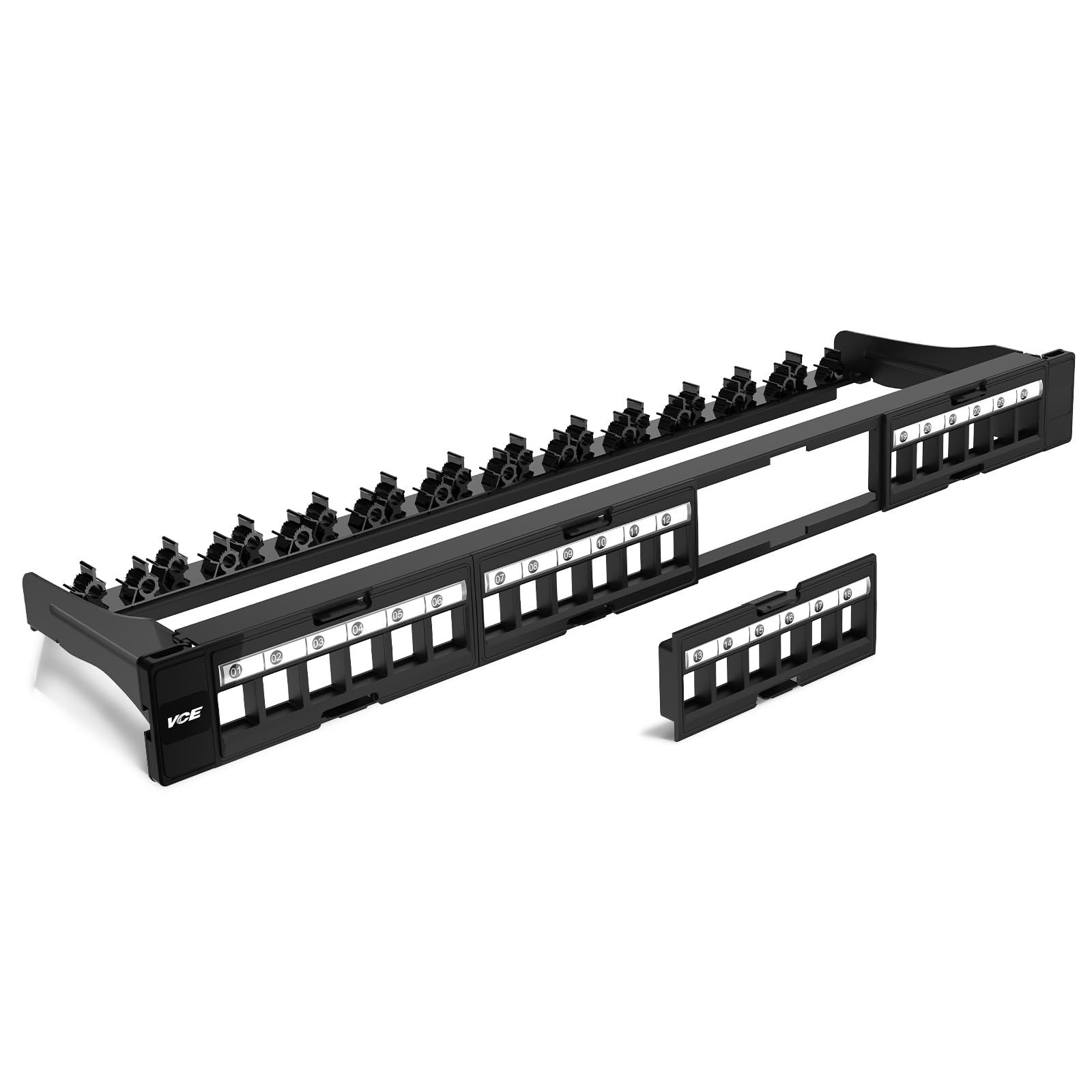 VCE Cat6 Patch Panel 24 Port, 1U Blank Removable Panel with Adjustable Rear Cable Management Bar for RJ45, HDMI, Coax, Speaker Keystones, 19 inch, 1